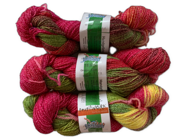 Sockenwolle mit Cotton, rot-gelb-grün, handgefärbt